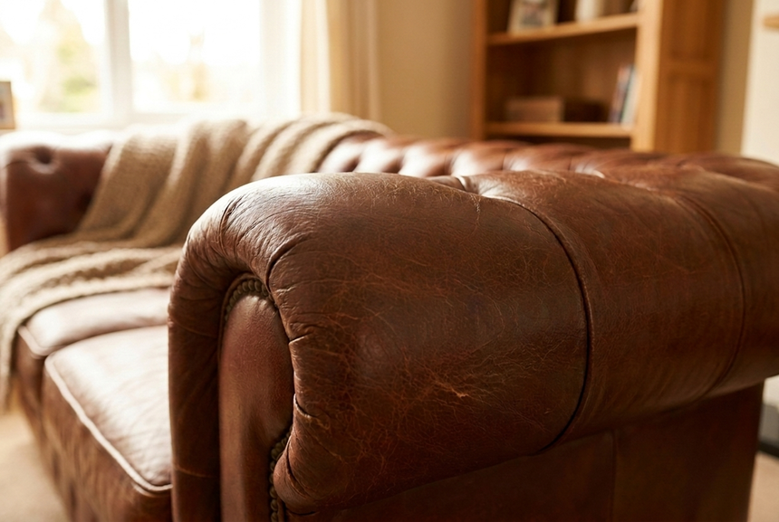 Leather sofa restored after LeatherMend repair