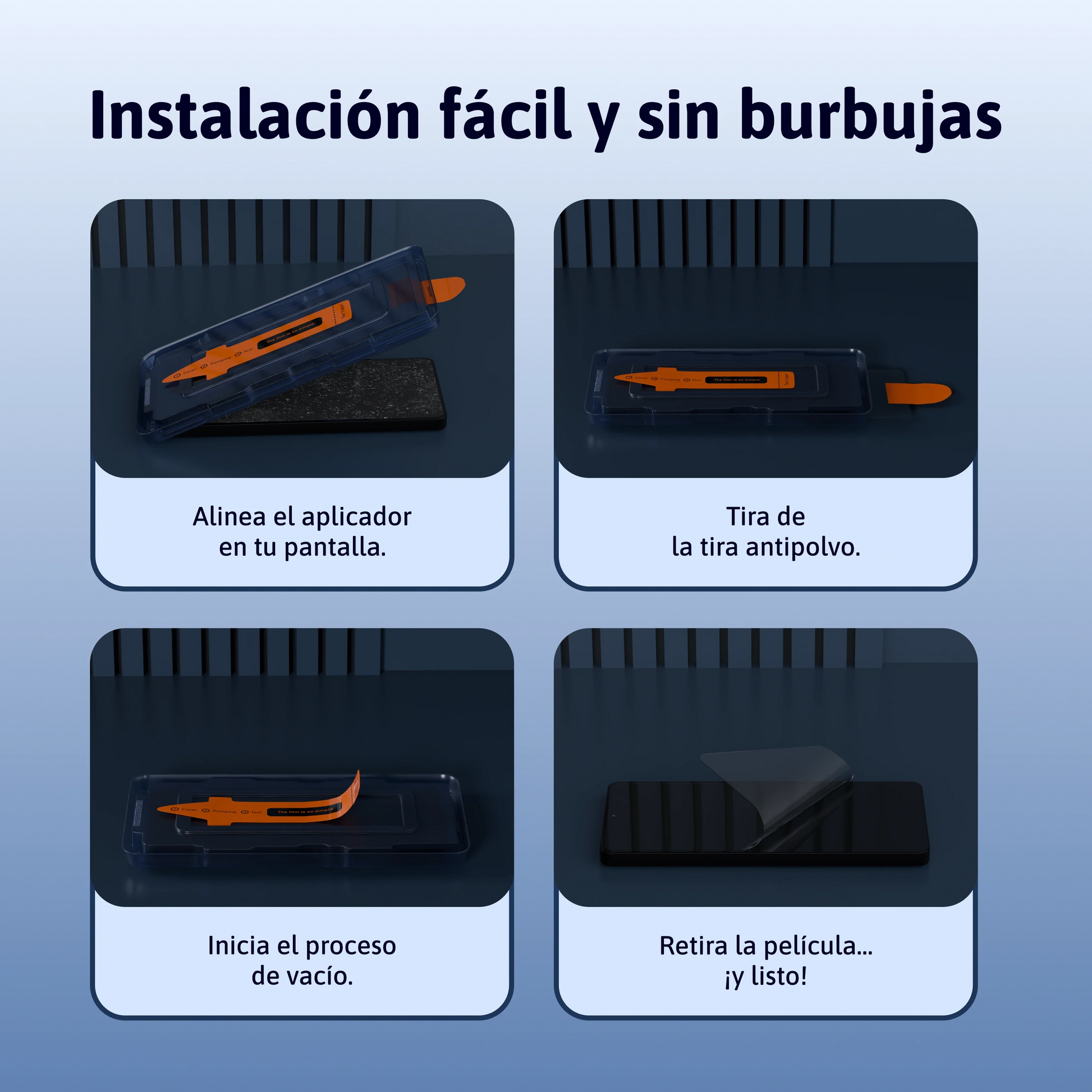 Instalación fácil en 5 segundos con bandeja, sin burbujas