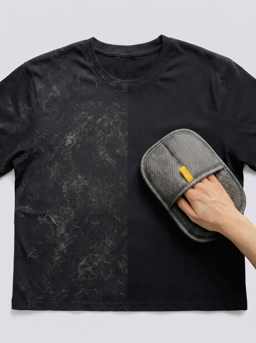 FurGlide before and after on a black shirt