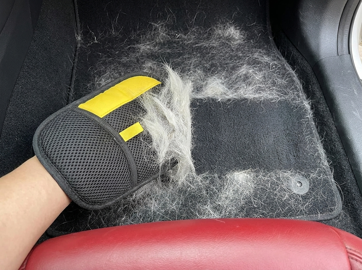 FurGlide lifting embedded fur from a car mat