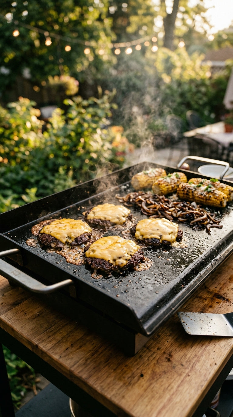 Smash burgers and corn sizzling on the griddle in a summer backyard