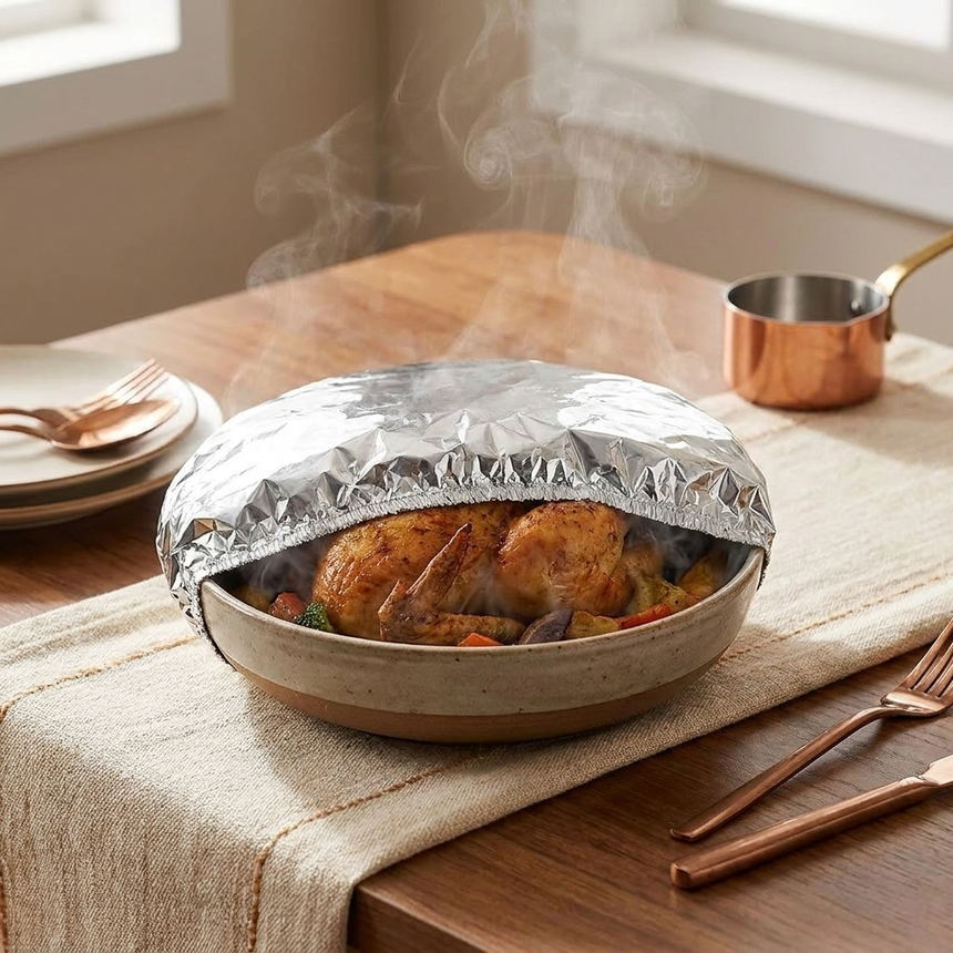 HearthSeal foil lid keeping a bowl of hot food warm