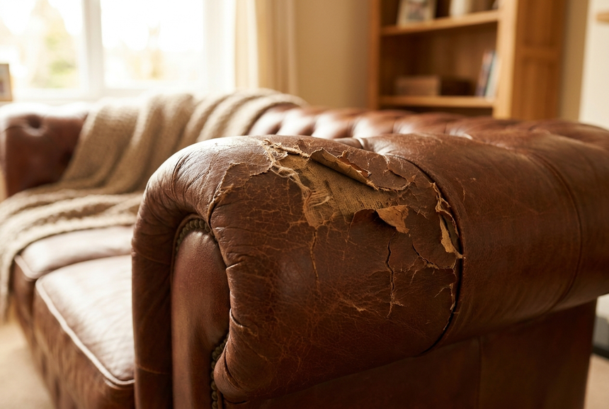 Torn leather sofa before LeatherMend repair