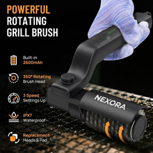Powerful 400 RPM rotating NEXORA grill brush in use — 2600mAh, 360 head, 3-speed, IPX7