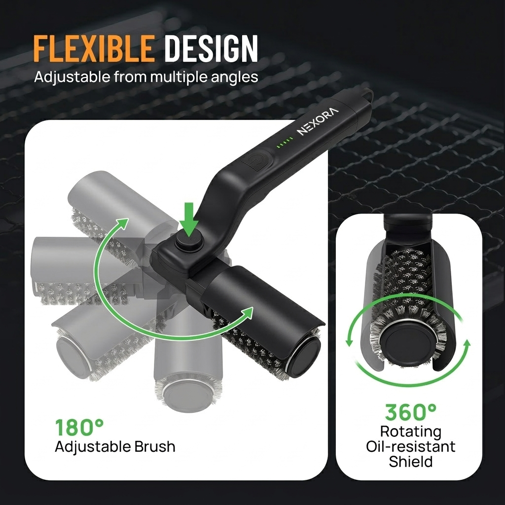 Flexible design — 180 adjustable brush and 360 rotating oil-resistant splash shield