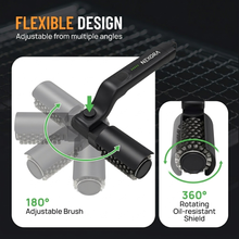 Flexible design — 180 adjustable brush and 360 rotating oil-resistant splash shield