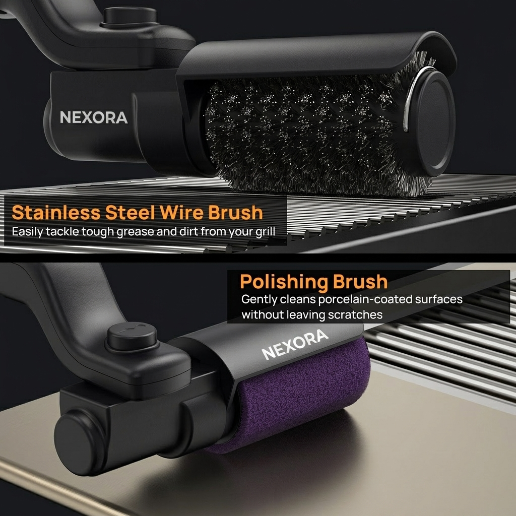 Two heads — stainless steel wire scrub brush and non-scratch polishing brush