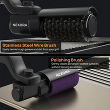 Two heads — stainless steel wire scrub brush and non-scratch polishing brush