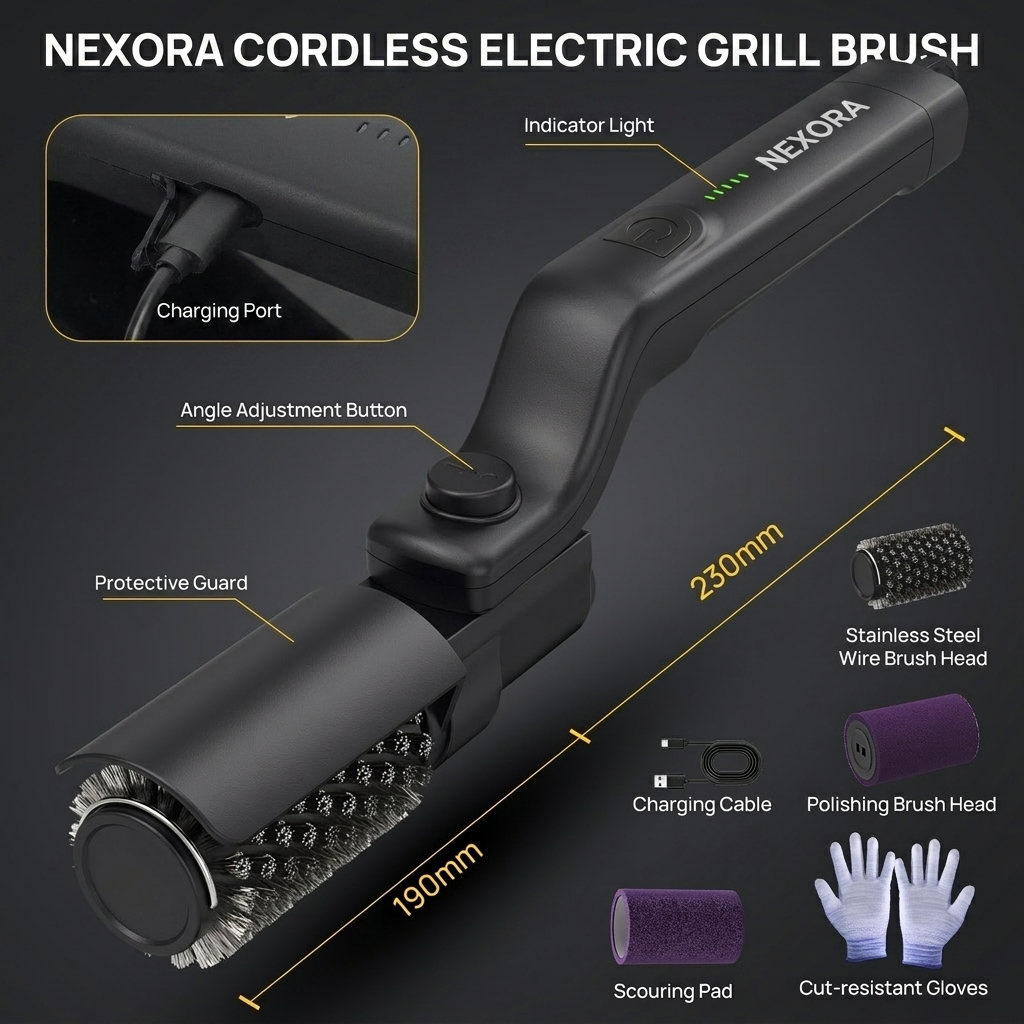 NEXORA cordless electric grill brush — greasy grate before and gleaming grate after
