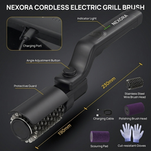 NEXORA cordless electric grill brush — greasy grate before and gleaming grate after