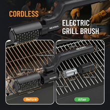 Exploded view — parts and dimensions of the NEXORA cordless electric grill brush