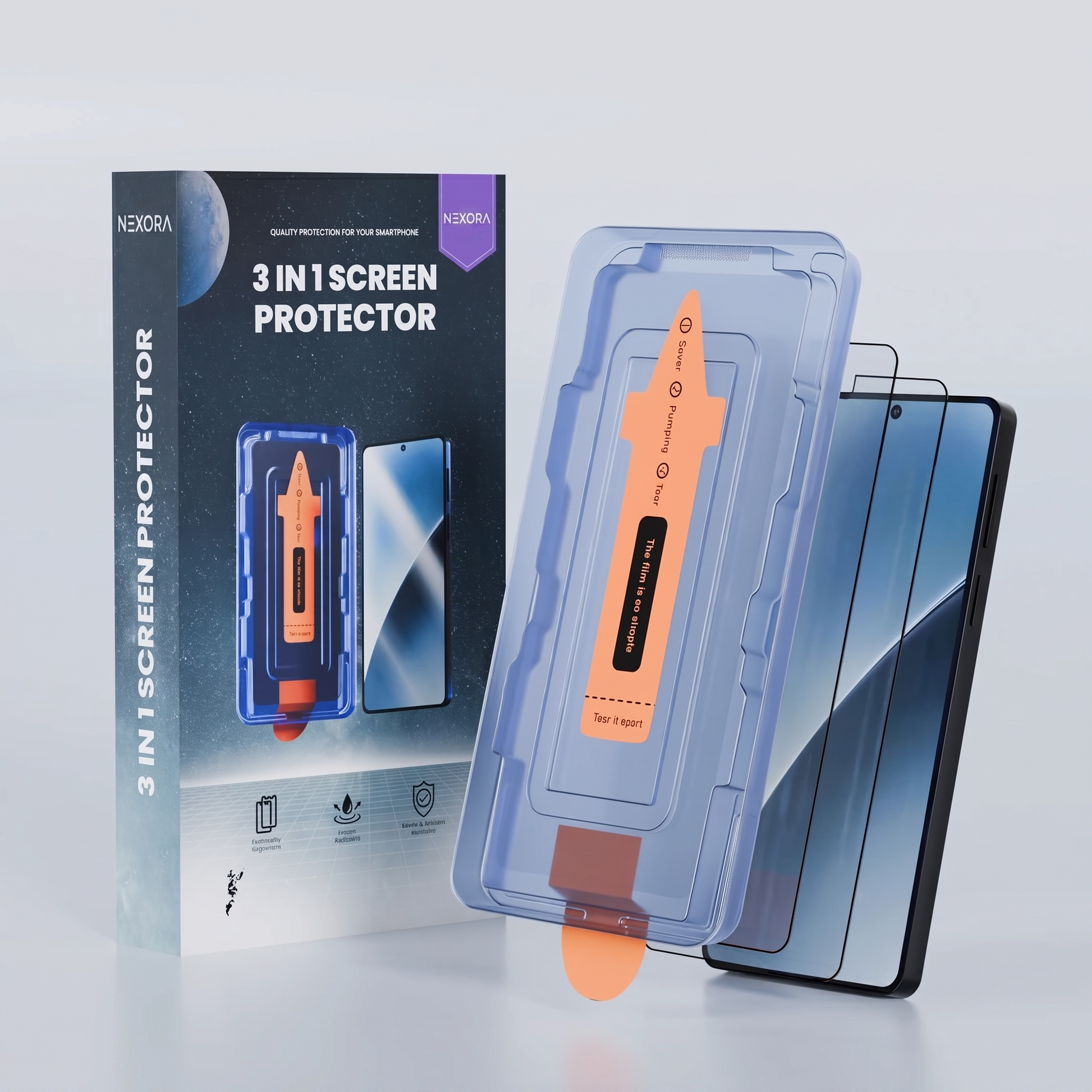NEXORA Protector de Pantalla 3 en 1 con bandeja de instalación