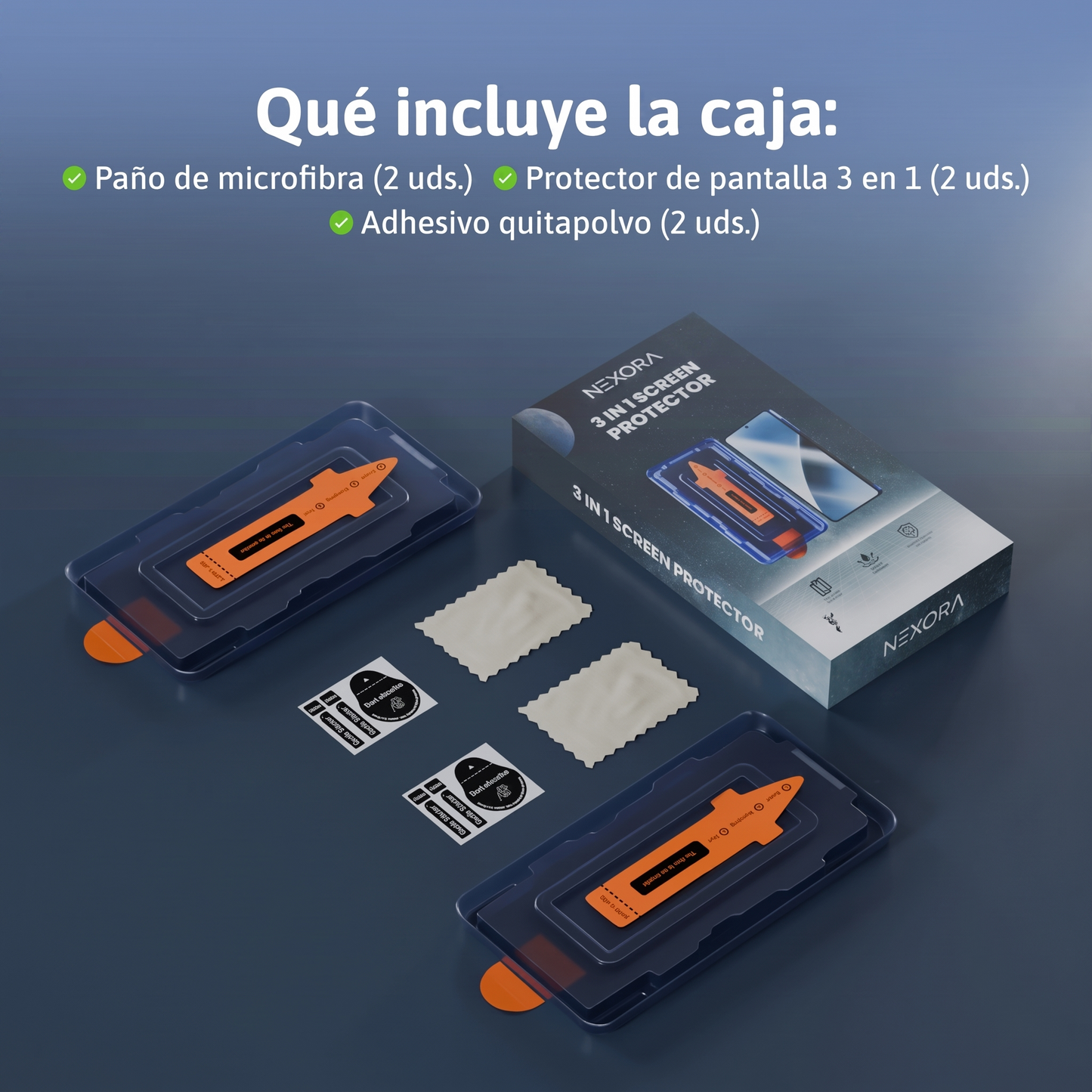 Qué incluye la caja: 2 protectores, 2 paños, 2 adhesivos quitapolvo