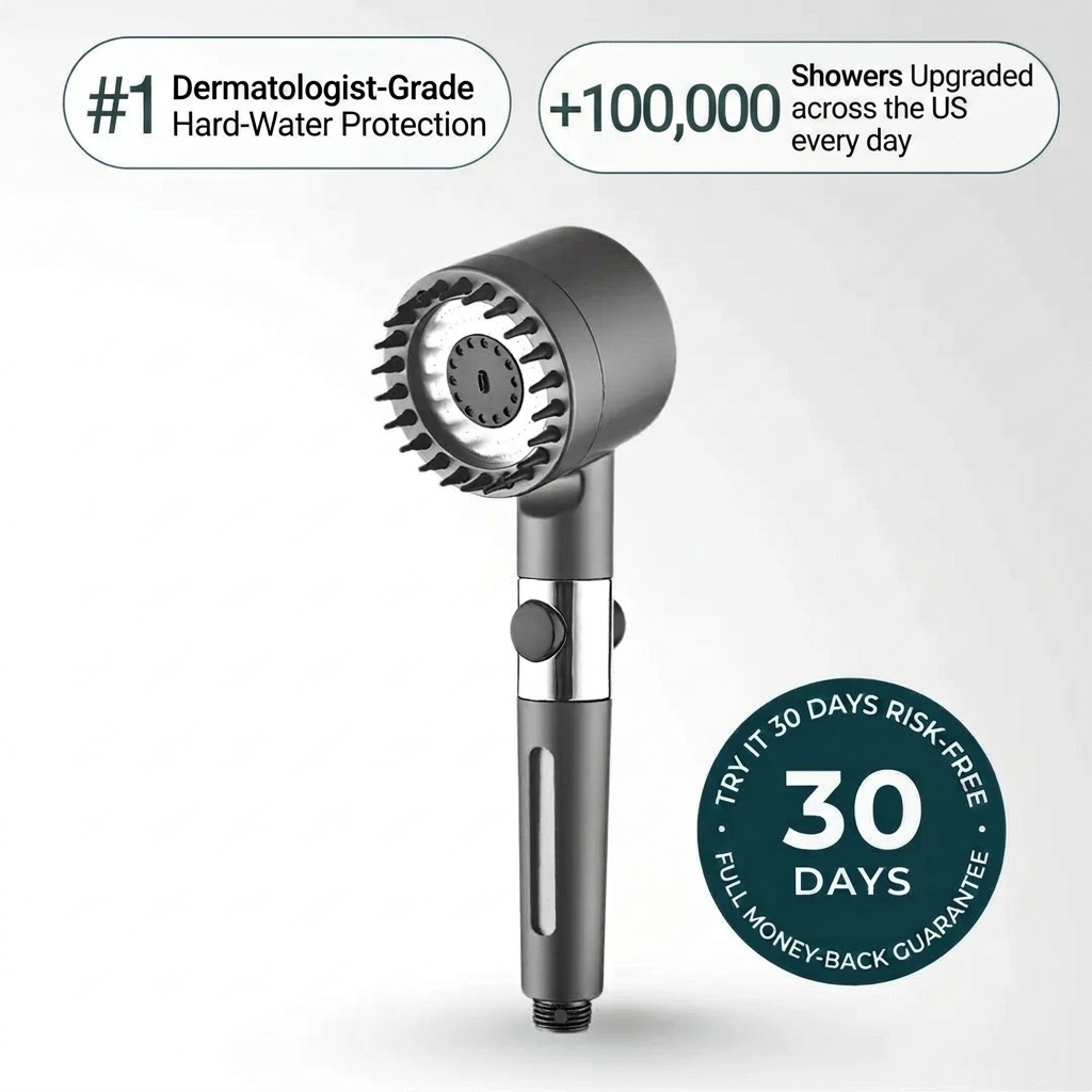 NEXORA Aqua filtered shower head — dermatologist-grade hard-water protection, 30-day guarantee