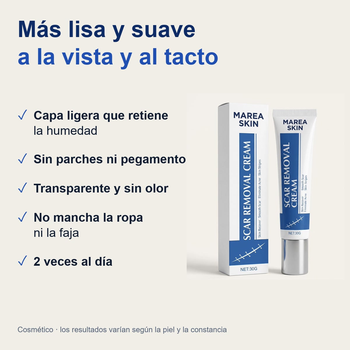 Beneficios de Marea Skin: capa ligera, sin parches, transparente