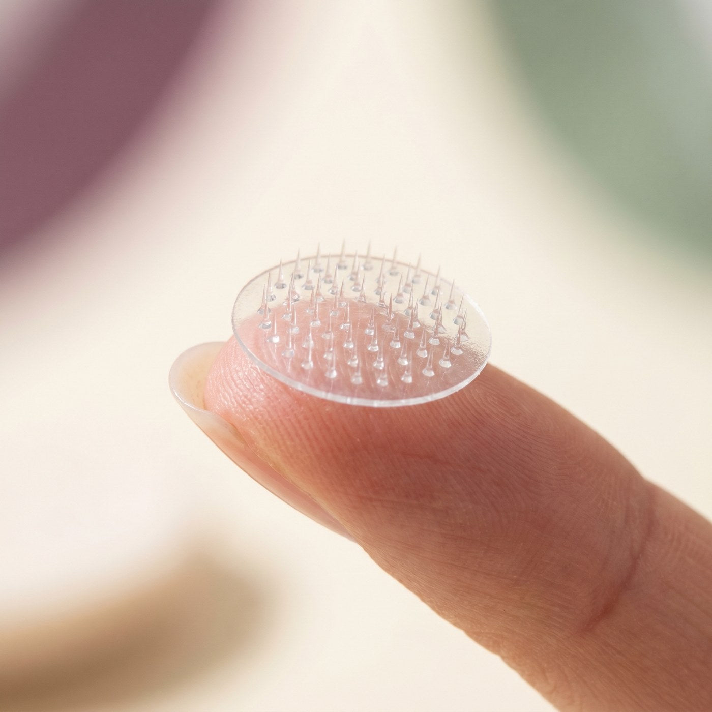 Round transparent microneedle skin tag patch on a fingertip